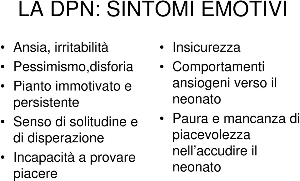 disperazione Incapacità a provare piacere Insicurezza Comportamenti