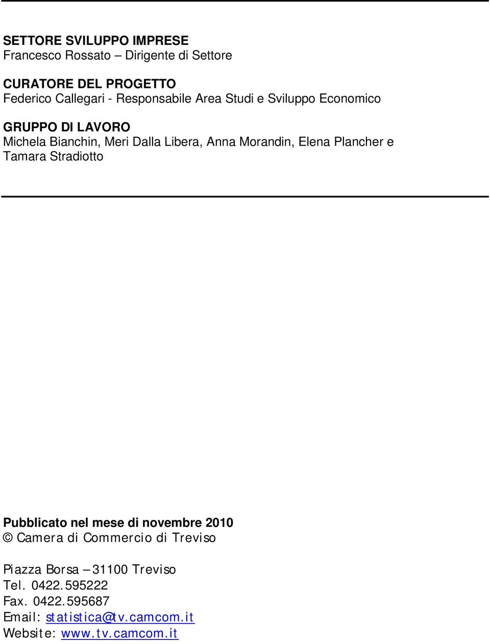 Morandin, Elena Plancher e Tamara Stradiotto Pubblicato nel mese di novembre 2010 Camera di Commercio di
