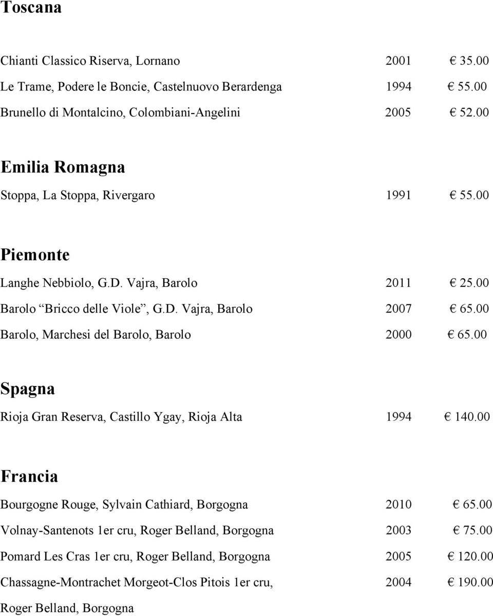 00 Barolo, Marchesi del Barolo, Barolo 2000 65.00 Spagna Rioja Gran Reserva, Castillo Ygay, Rioja Alta 1994 140.00 Francia Bourgogne Rouge, Sylvain Cathiard, Borgogna 2010 65.
