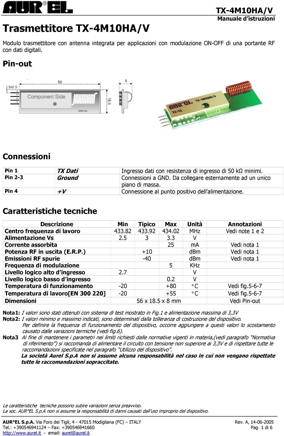 Pin 4 +V Connessione al punto positivo dell alimentazione. Caratteristiche tecniche Descrizione Min Tipico Max Unità Annotazioni Centro frequenza di lavoro 433.82 433.92 434.