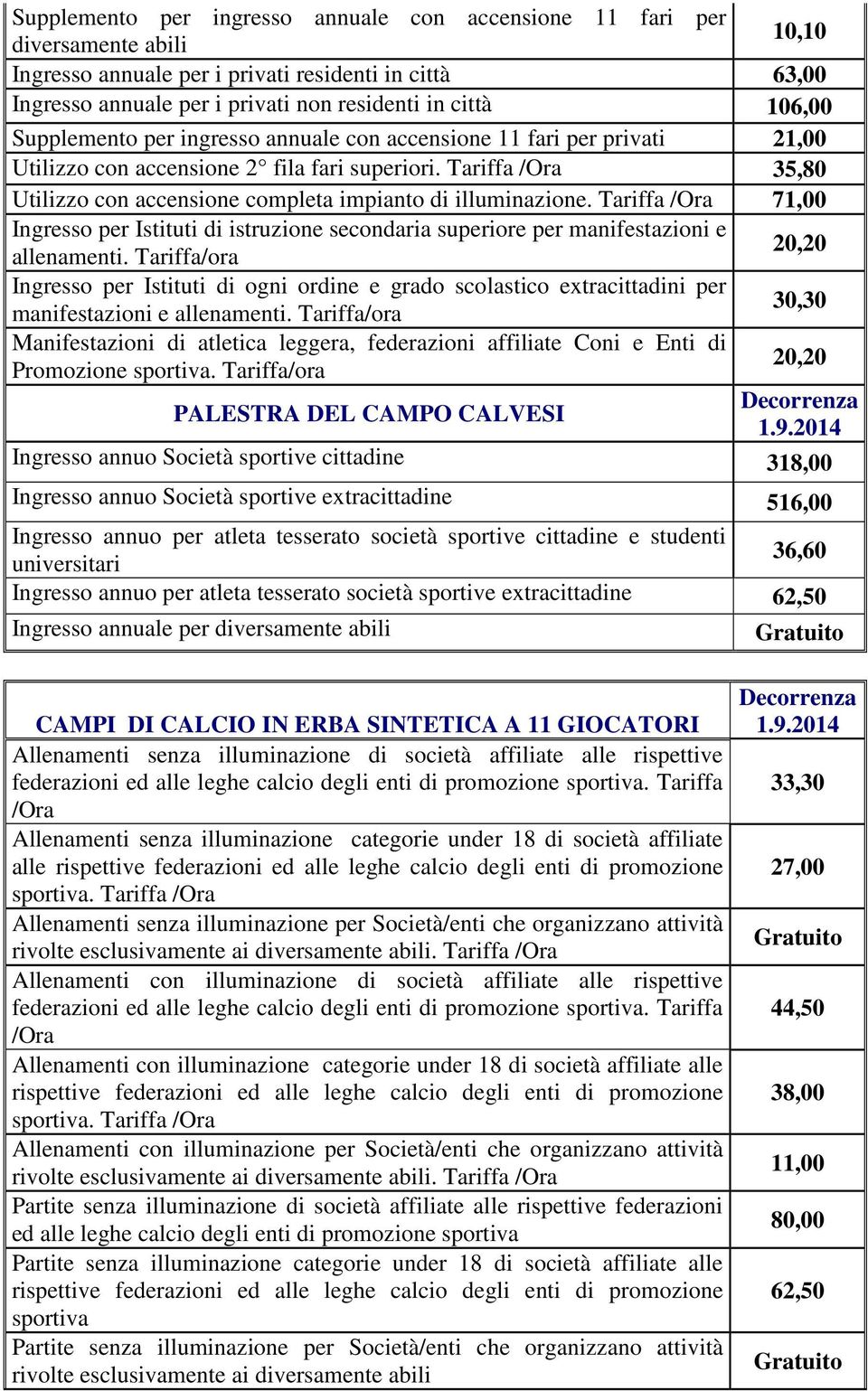 71,00 Ingresso per Istituti di istruzione secondaria superiore per manifestazioni e allenamenti.