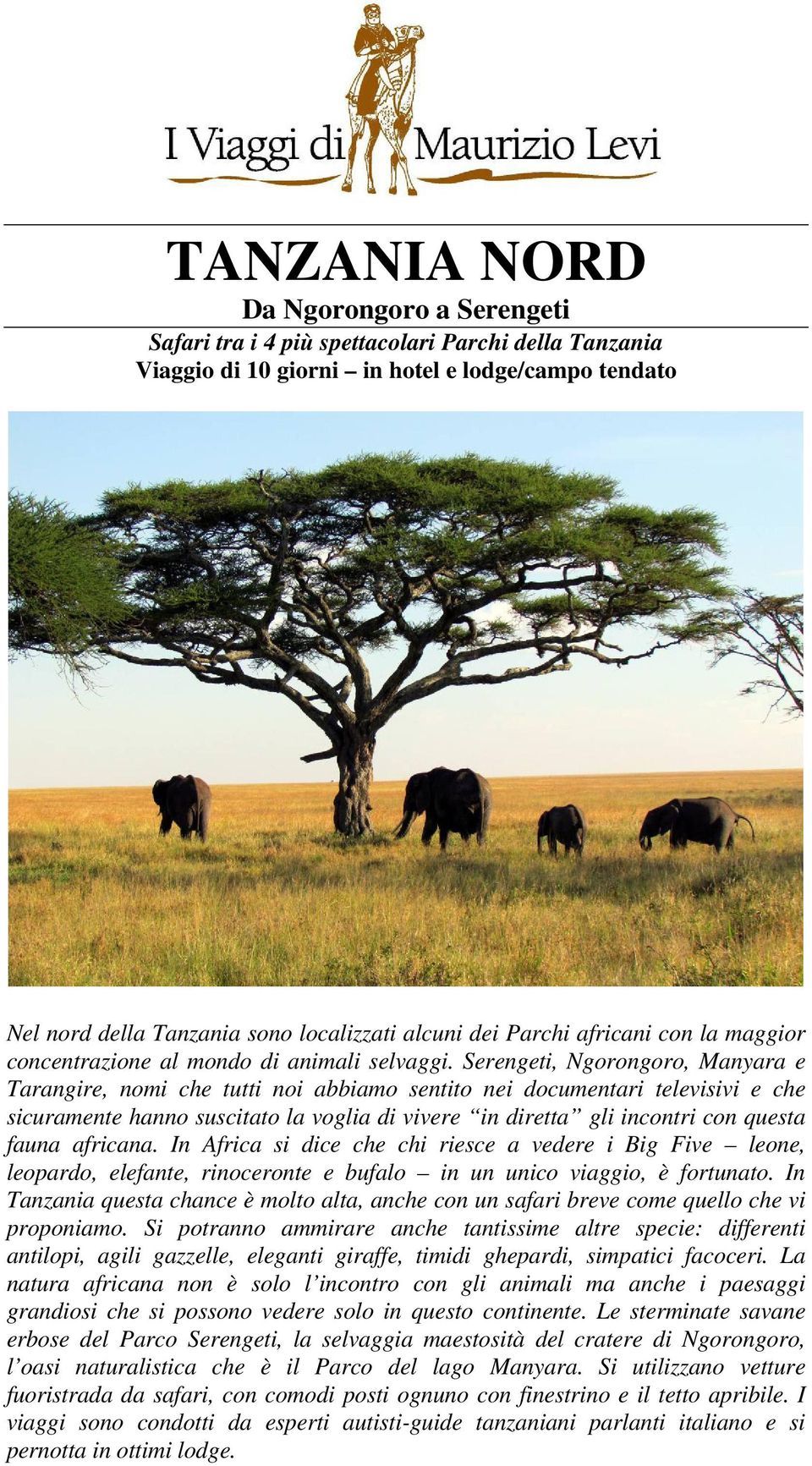Serengeti, Ngorongoro, Manyara e Tarangire, nomi che tutti noi abbiamo sentito nei documentari televisivi e che sicuramente hanno suscitato la voglia di vivere in diretta gli incontri con questa