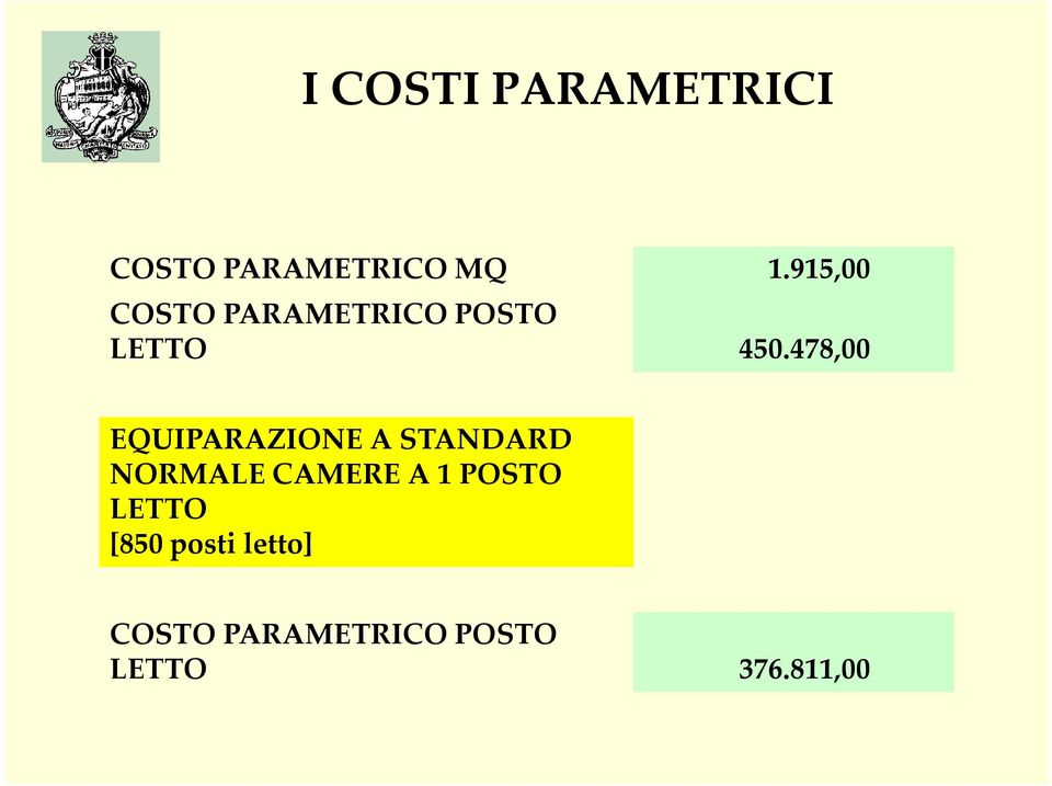 478,00 EQUIPARAZIONE A STANDARD NORMALE CAMERE A 1