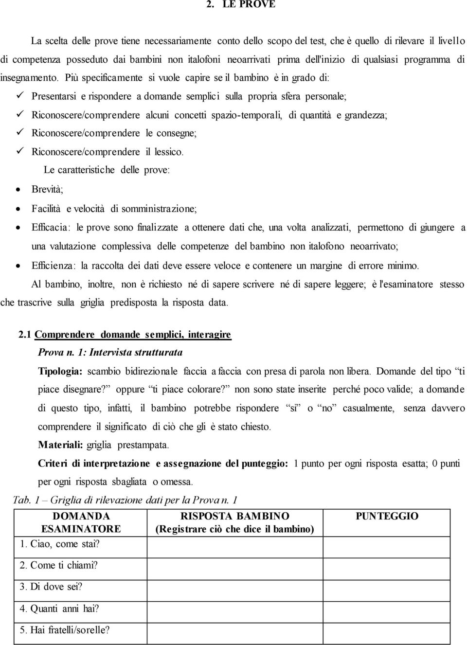 Più specificamente si vuole capire se il bambino è in grado di: Presentarsi e rispondere a domande semplici sulla propria sfera personale; Riconoscere/comprendere alcuni concetti spazio-temporali, di