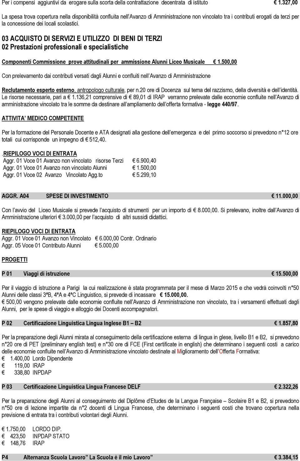 03 ACQUISTO DI SERVIZI E UTILIZZO DI BENI DI TERZI 02 Prestazioni professionali e specialistiche Componenti Commissione prove attitudinali per ammissione Alunni Liceo Musicale 1.