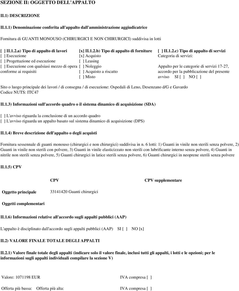 1.2.c) Tipo di appalto di servizi Categoria di servizi: Appalto per le categorie di servizi 17-27, accordo per la pubblicazione del presente avviso SI [ ] NO [ ] Sito o luogo principale dei lavori /