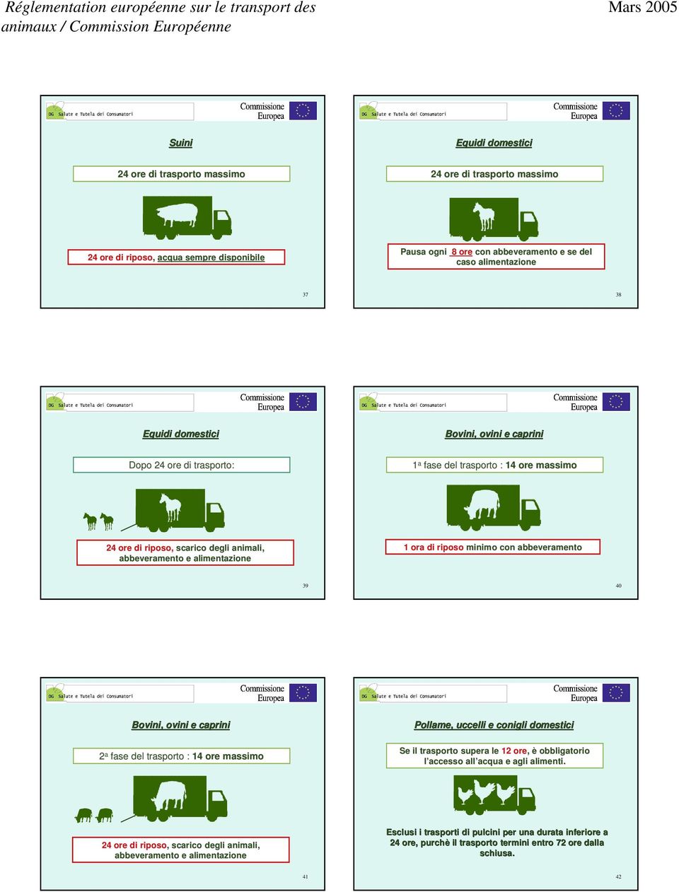 abbeveramento 39 40 Bovini, ovini e caprini 2 a fase del trasporto : 14 ore massimo Pollame, uccelli e conigli domestici Se il trasporto supera le 12 ore, è obbligatorio l accesso all acqua acqua e