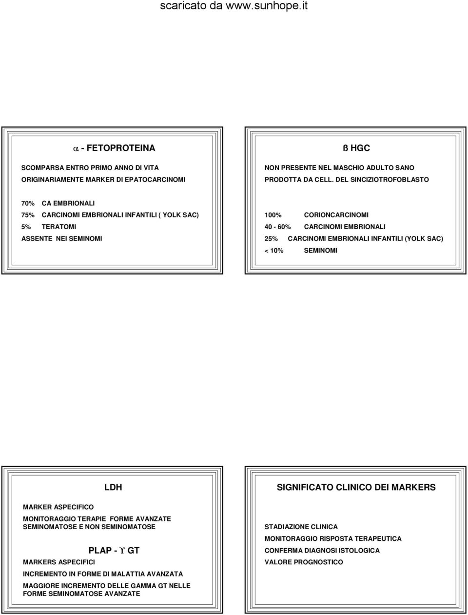 EMBRIONALI INFANTILI (YOLK SAC) < 10% SEMINOMI LDH MARKER ASPECIFICO MONITORAGGIO TERAPIE FORME AVANZATE SEMINOMATOSE E NON SEMINOMATOSE PLAP - ϒ GT MARKERS ASPECIFICI INCREMENTO IN