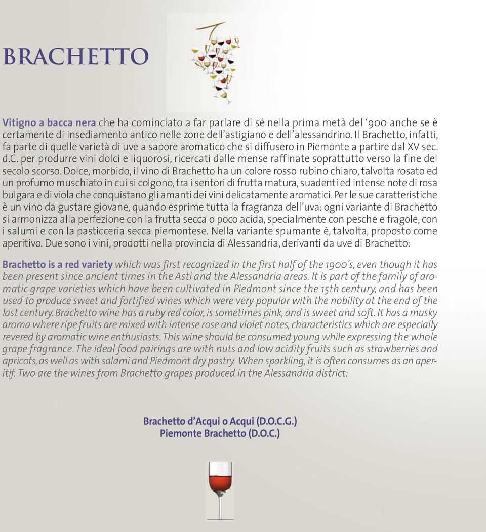 Dolce, morbido, il vino di Brachetto ha un colore rosso rubino chiaro, talvolta rosato ed un profumo muschiato in cui si colgono, tra i sentori di frutta matura, suadenti ed intense note di rosa