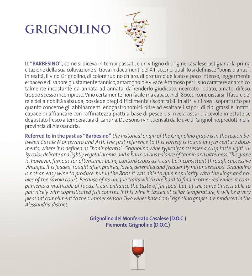 In realtà, il vino Grignolino, di colore rubino chiaro, di profumo delicato e poco intenso, leggermente erbaceo e di sapore giustamente tannico, amarognolo e vivace, è famoso per il suo carattere