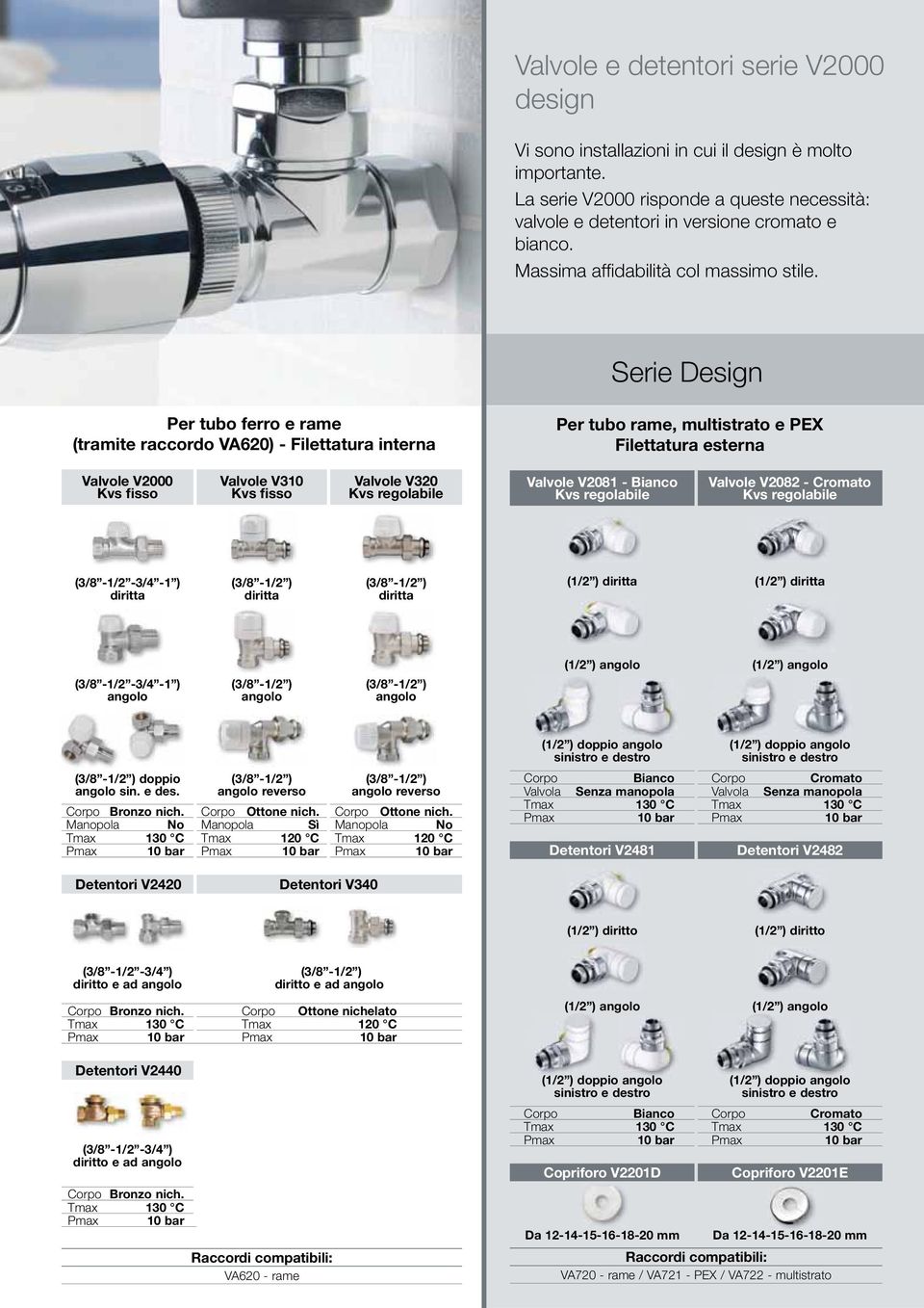 Serie Design Per tubo ferro e rame (tramite raccordo VA620) - Filettatura interna Per tubo rame, multistrato e PEX Filettatura esterna Valvole V2000 Kvs fisso Valvole V310 Kvs fisso Valvole V320 Kvs