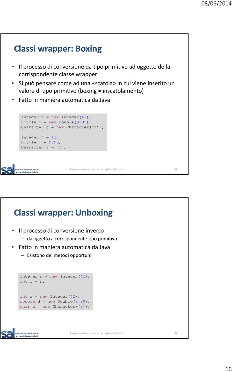 99; Character c = z ; Programmazione con Java ArrayList e Generics 31 Classi wrapper: Unboxing Il processo di conversione inverso da oggetto a corrispondente tipo primitivo Fatto in maniera