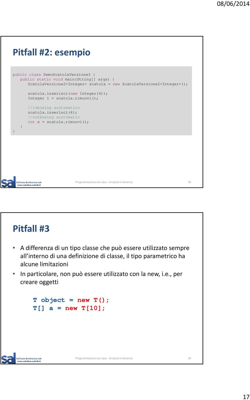 rimuovi(); Programmazione con Java ArrayList e Generics 33 Pitfall #3 A differenza di un tipo classe che può essere utilizzato sempre all interno di una definizione