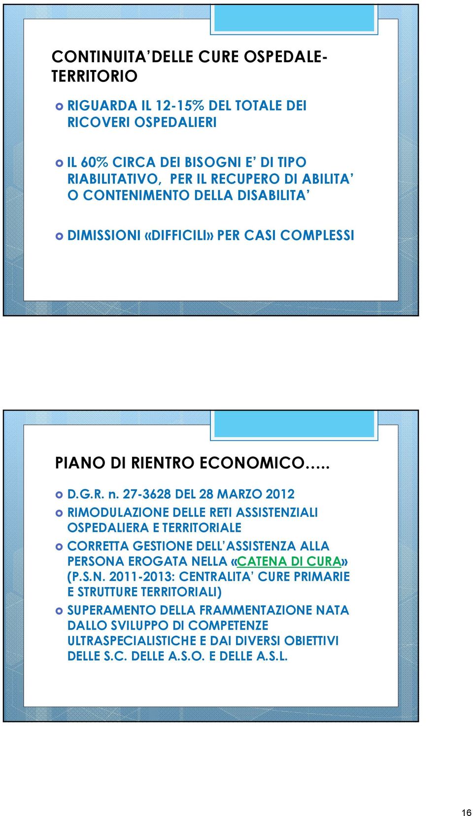 27-3628 DEL 28 MARZO 2012 RIMODULAZIONE DELLE RETI ASSISTENZIALI OSPEDALIERA E TERRITORIALE CORRETTA GESTIONE DELL ASSISTENZA ALLA PERSONA EROGATA NELLA «CATENA DI CURA»