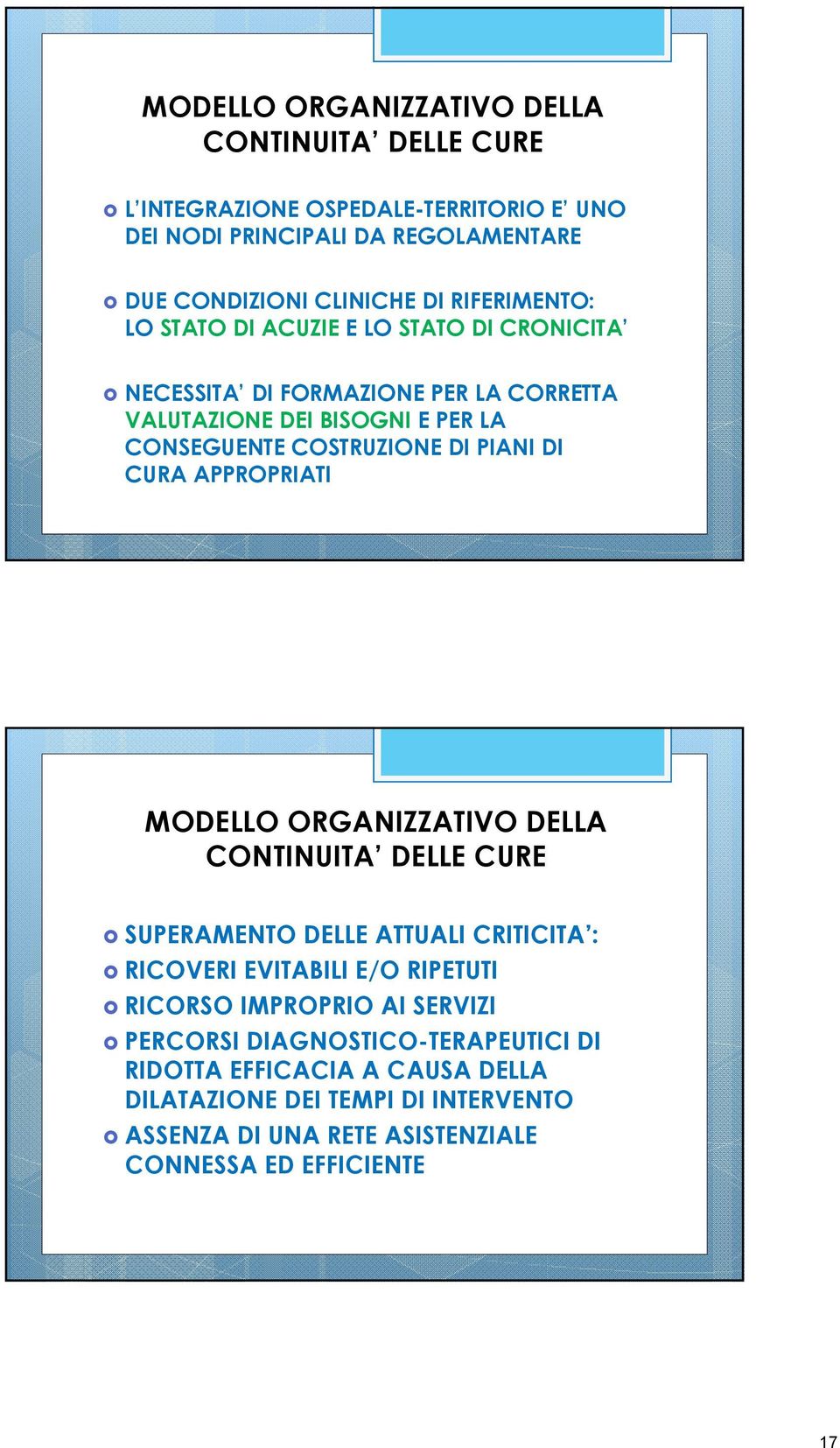 DI CURA APPROPRIATI MODELLO ORGANIZZATIVO DELLA CONTINUITA DELLE CURE SUPERAMENTO DELLE ATTUALI CRITICITA : RICOVERI EVITABILI E/O RIPETUTI RICORSO IMPROPRIO AI