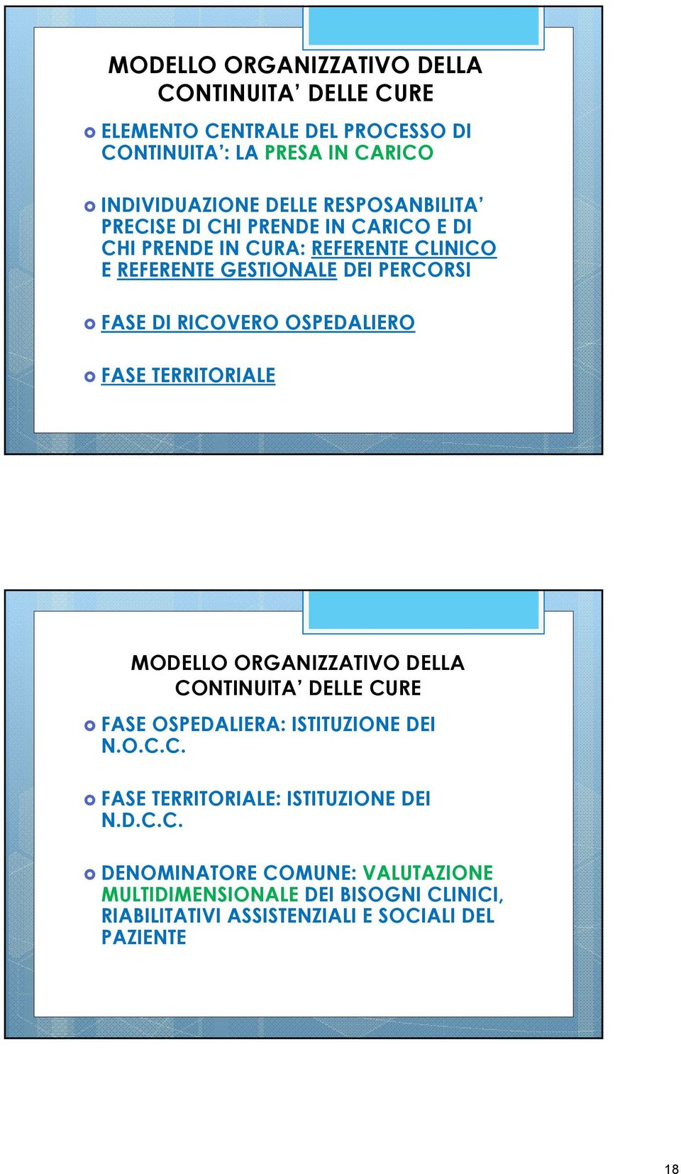 OSPEDALIERO FASE TERRITORIALE MODELLO ORGANIZZATIVO DELLA CONTINUITA DELLE CURE FASE OSPEDALIERA: ISTITUZIONE DEI N.O.C.C. FASE TERRITORIALE: ISTITUZIONE DEI N.