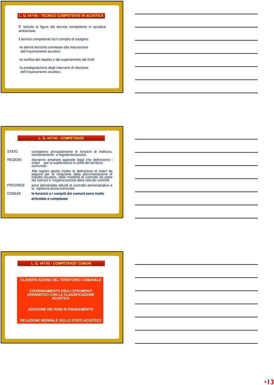 degli interventi di riduzione dell inquinamento acustico. L. Q. 447/95 - COMPETENZE STATO REGIONI PROVINCE COMUNI competono principalmente le funzioni di indirizzo, coordinamento o regolamentazione.