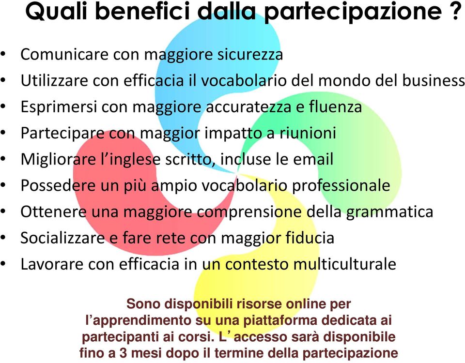 maggior impatto a riunioni Migliorare l inglese scritto, incluse le email Possedere un più ampio vocabolario professionale Ottenere una maggiore comprensione