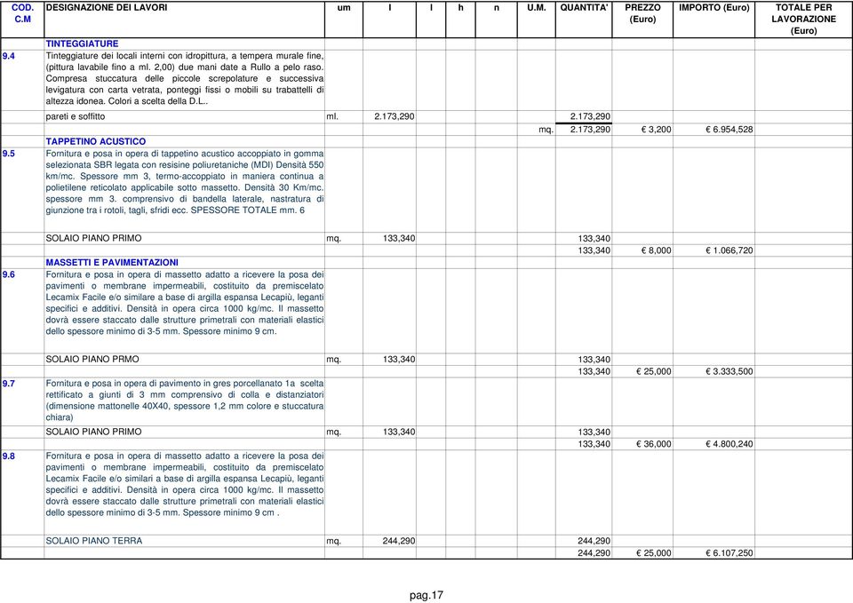 . IMPORTO preti e soffitto ml. 2.173,290 2.173,290 mq. 2.173,290 3,200 6.954,528 TAPPETINO ACUSTICO 9.
