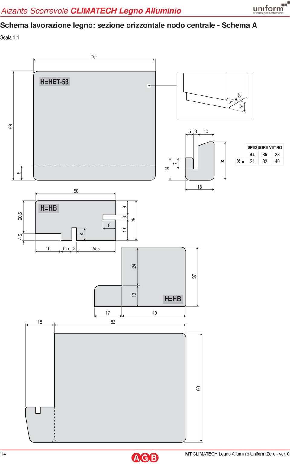H=HET-53 9 68 5 3 10 SPESSORE VETRO 7 X X = 44 36 28 24 32 40 18 82 68