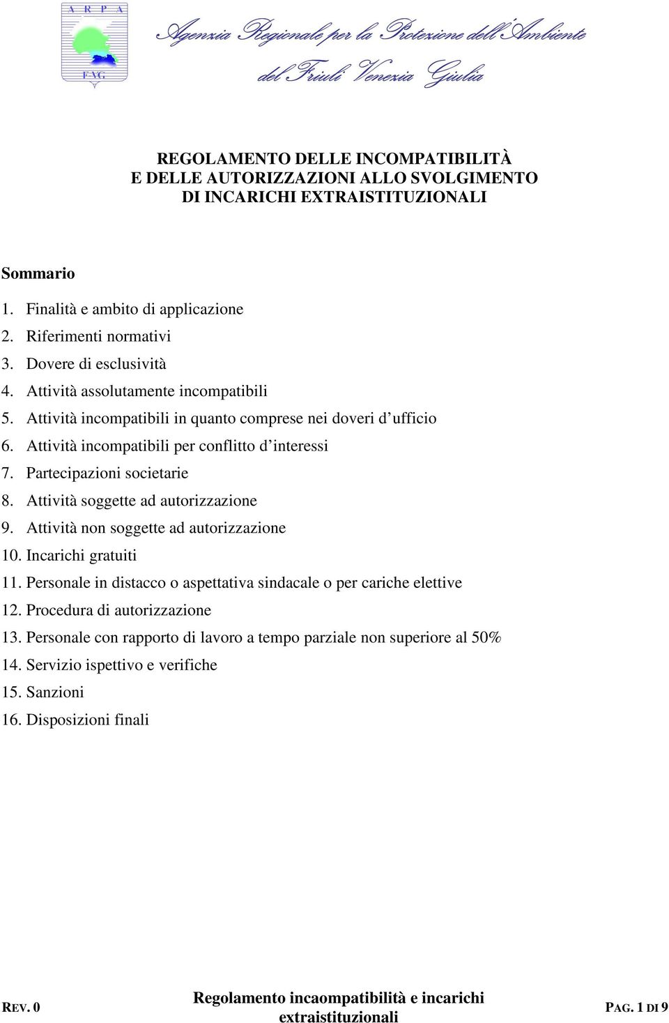 Attività incompatibili per conflitto d interessi 7. Partecipazioni societarie 8. Attività soggette ad autorizzazione 9. Attività non soggette ad autorizzazione 10. Incarichi gratuiti 11.