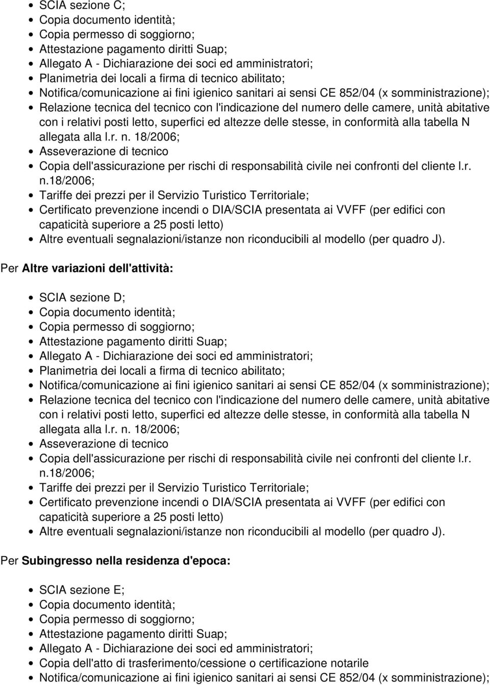 18/2006; Per Altre variazioni dell'attività: SCIA sezione D; Planimetria dei locali a firma di tecnico abilitato; Relazione tecnica del tecnico con l'indicazione del numero delle