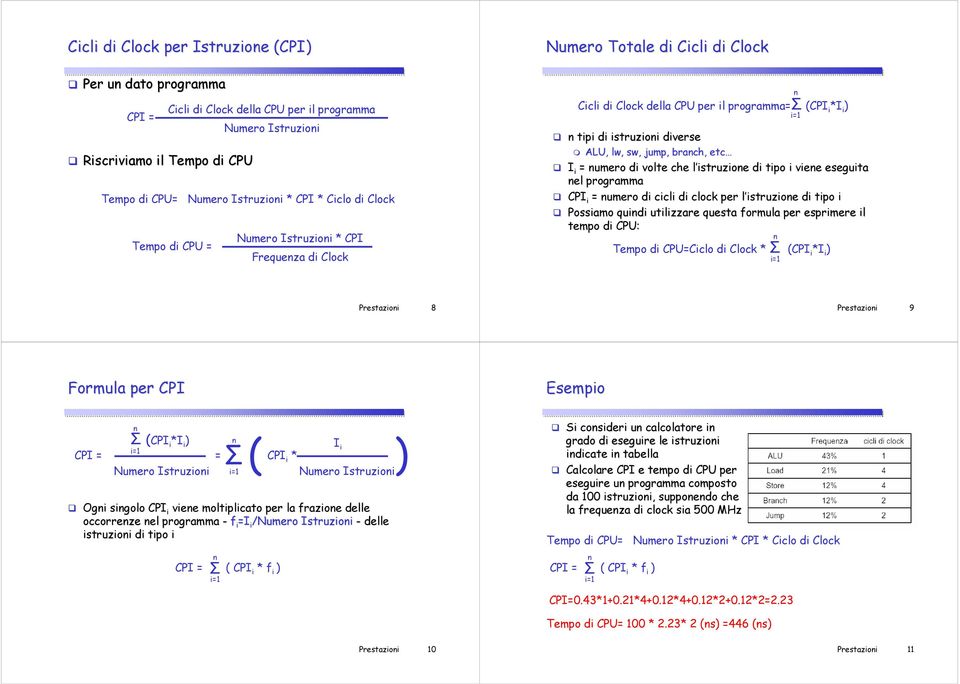 branch, etc I i = numero di volte che l istruzione l di tipo i viene eseguita nel programma CPI i = numero di cicli di clock per l istruzione l di tipo i Possiamo quindi utilizzare questa formula per