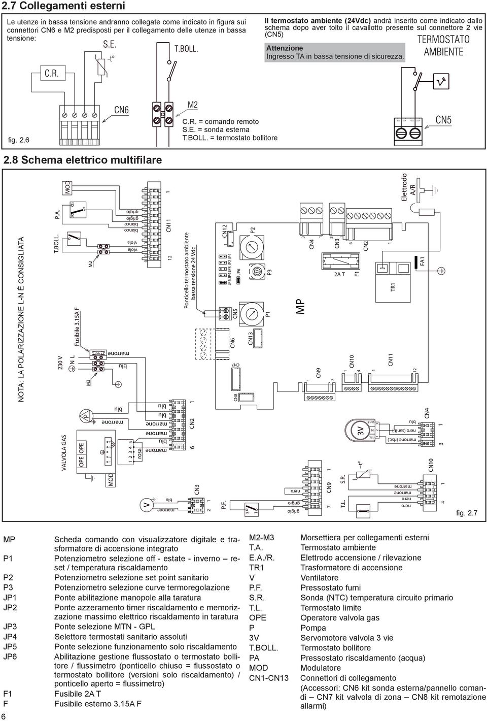 8 Schema elettrico multifilare NOTA: LA POLARIZZAZIONE L-N È CONSIGLIATA Ponticello termostato ambiente bassa tensione 24 Vdc Elettrodo A/R CN2 JP5 JP4JP3JP2JP CN6 CN5 JP6 CN7 CN8 CN3 P2 P P3 3 MP