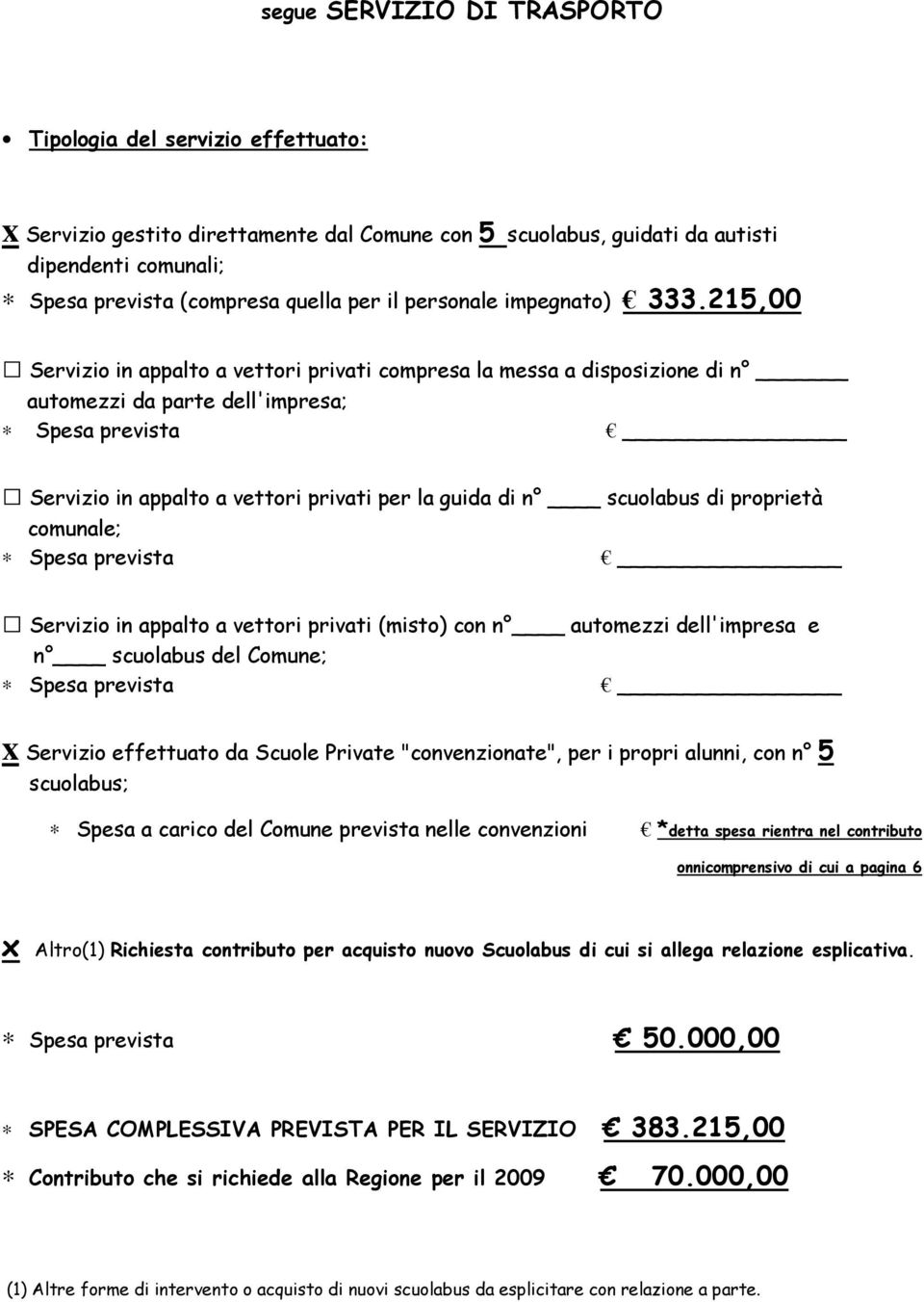 215,00 Servizio in appalto a vettori privati compresa la messa a disposizione di n automezzi da parte dell'impresa; Spesa prevista Servizio in appalto a vettori privati per la guida di n scuolabus di