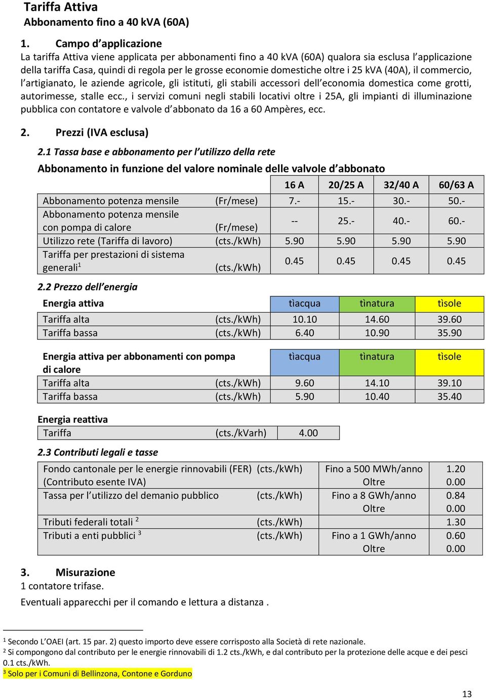 oltre i 25 kva (40A), il commercio, l artigianato, le aziende agricole, gli istituti, gli stabili accessori dell economia domestica come grotti, autorimesse, stalle ecc.