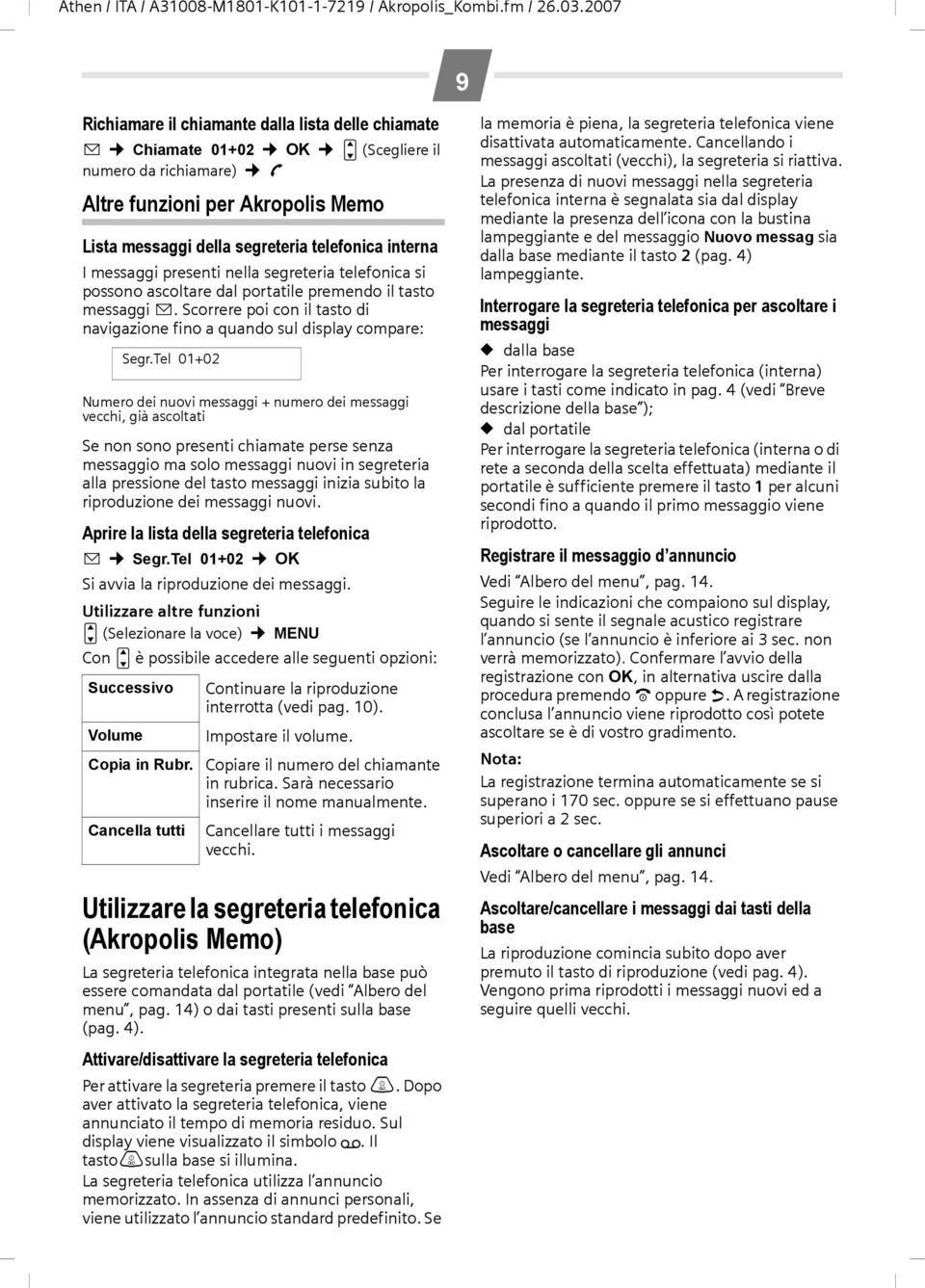 Tel 01+02 Numero dei nuovi messaggi + numero dei messaggi vecchi, già ascoltati Se non sono presenti chiamate perse senza messaggio ma solo messaggi nuovi in segreteria alla pressione del tasto