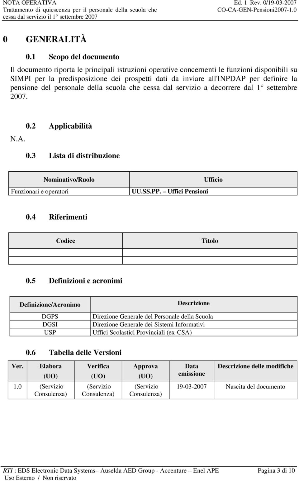 la pensione del personale della scuola che cessa dal servizio a decorrere dal 1 settembre 2007. 0.2 Applicabilità N.A. 0.3 Lista di distribuzione Funzionari e operatori Nominativo/Ruolo UU.SS.PP.