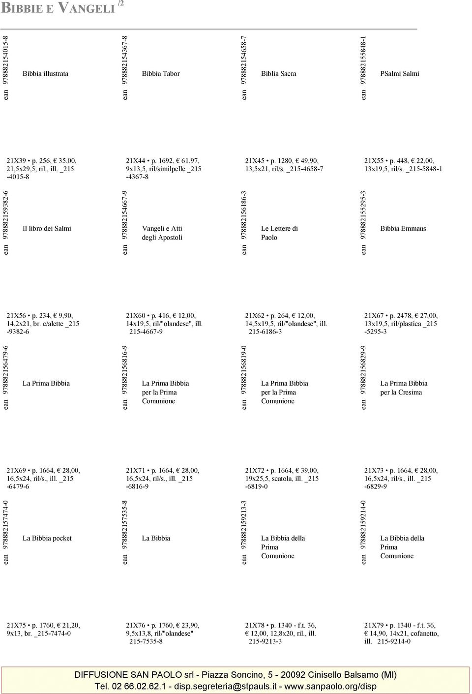 _215-5848-1 978882159382-6 Il libro dei Salmi 978882154667-9 Vangeli e Atti degli Apostoli 978882156186-3 Le Lettere di Paolo 978882155295-3 Bibbia Emmaus 21X56 p. 234, 9,90, 14,2x21, br.