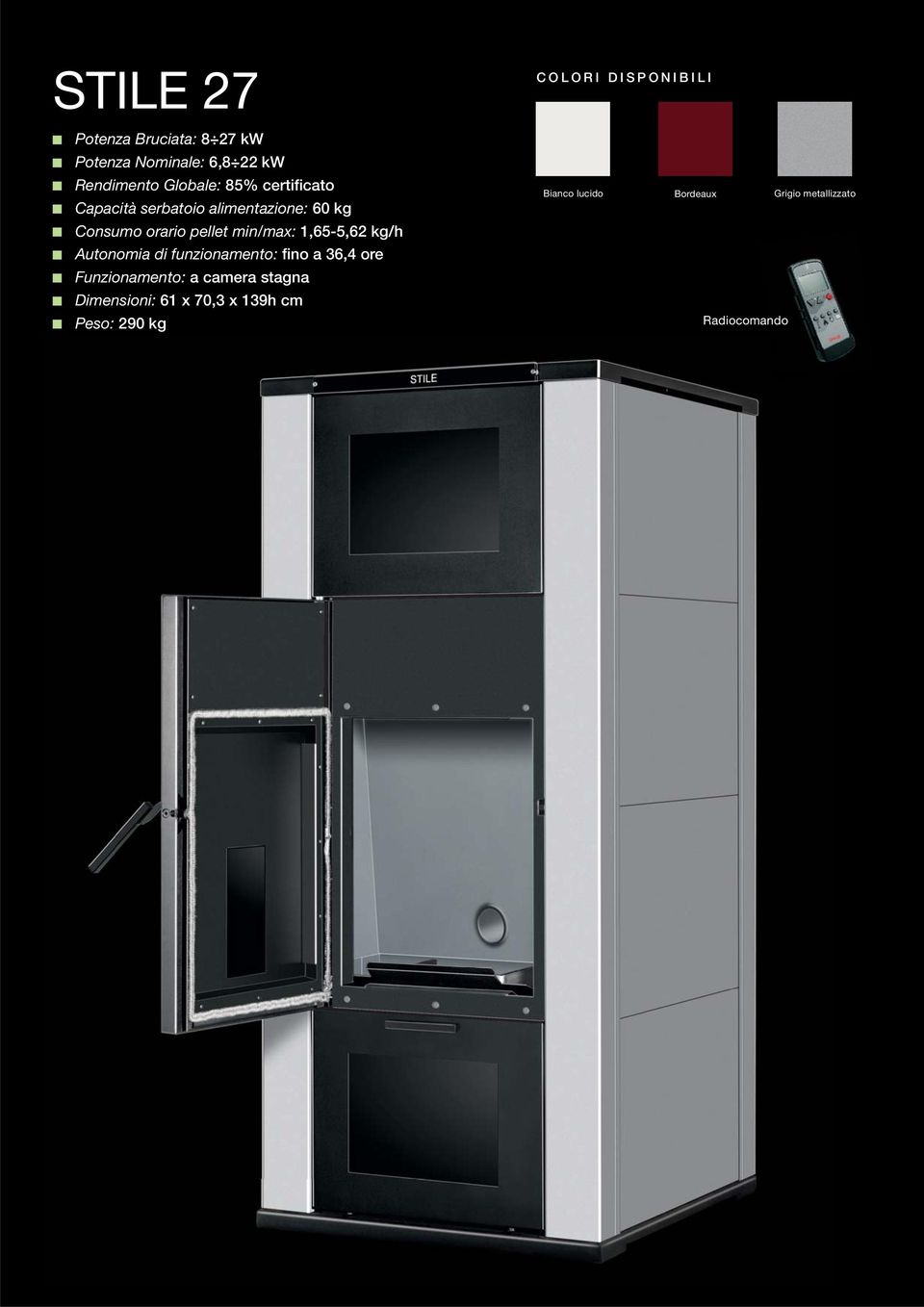 min/max: 1,65-5,62 kg/h Autonomia di funzionamento: fino a 36,4 ore Funzionamento: a camera