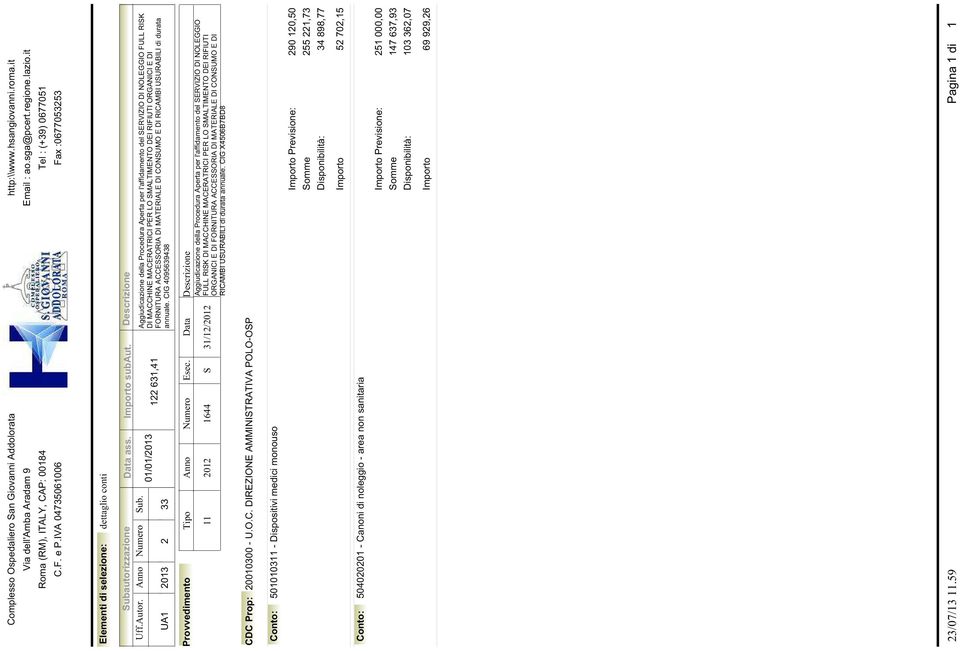 Aggiudicazione della Procedura Aperta per l'affidamento del SERVIZIO DI NOLEGGIO FULL RISK 01/01/2013 DI MACCHINE MACERATRICI PER LO SMALTIMENTO DEI RIFIUTI ORGANICI E DI 122 631,41 FORNITURA