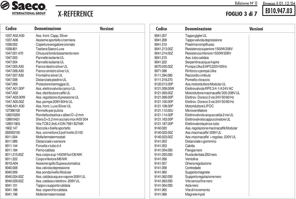 00 Protezione tramoggia UL 0.A0.00P Ass. elettrovalvola carico UL 0.A0 Ass. distributore caffè UL 0.A0.00W Ass. regolatore di pressione UL 0.A0.00Z Ass. pompe 0V 0Hz UL 0.A0.A0 Ass. front.