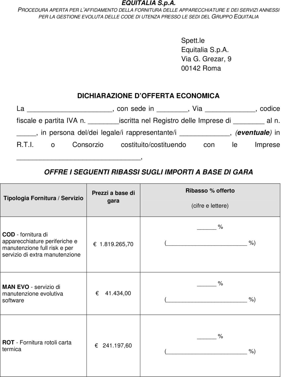 prese di al n., in persona del/dei legale/i rappresentante/i, (eventuale) in R.T.I.