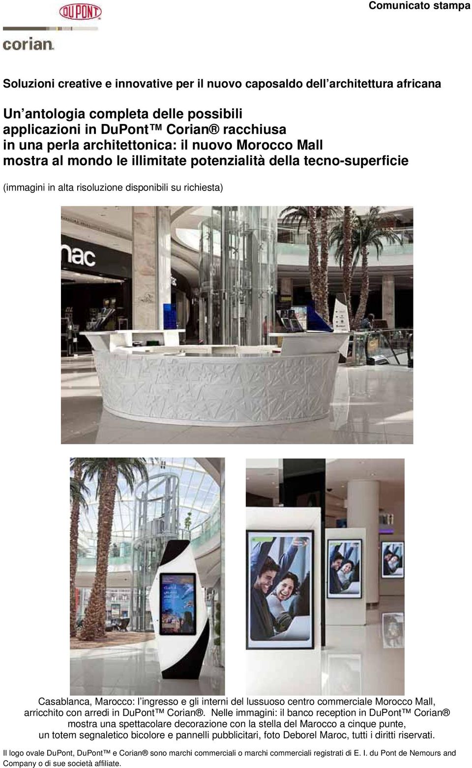 Marocco: l ingresso e gli interni del lussuoso centro commerciale Morocco Mall, arricchito con arredi in DuPont Corian.