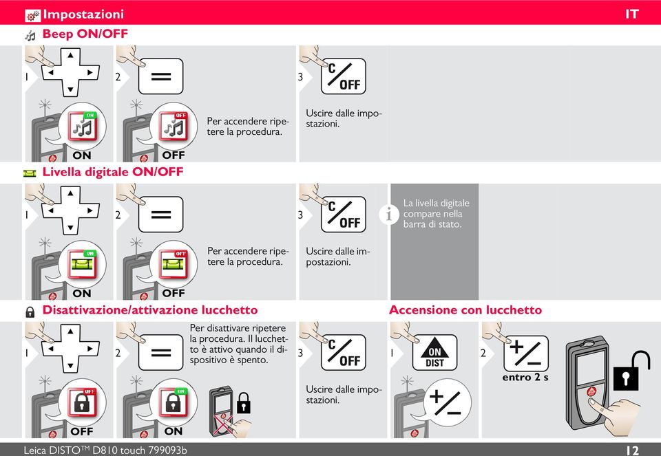 Uscre dalle mpostazon. 1 ON OFF Dsattvazone/attvazone lucchetto 2 Per dsattvare rpetere la procedura.