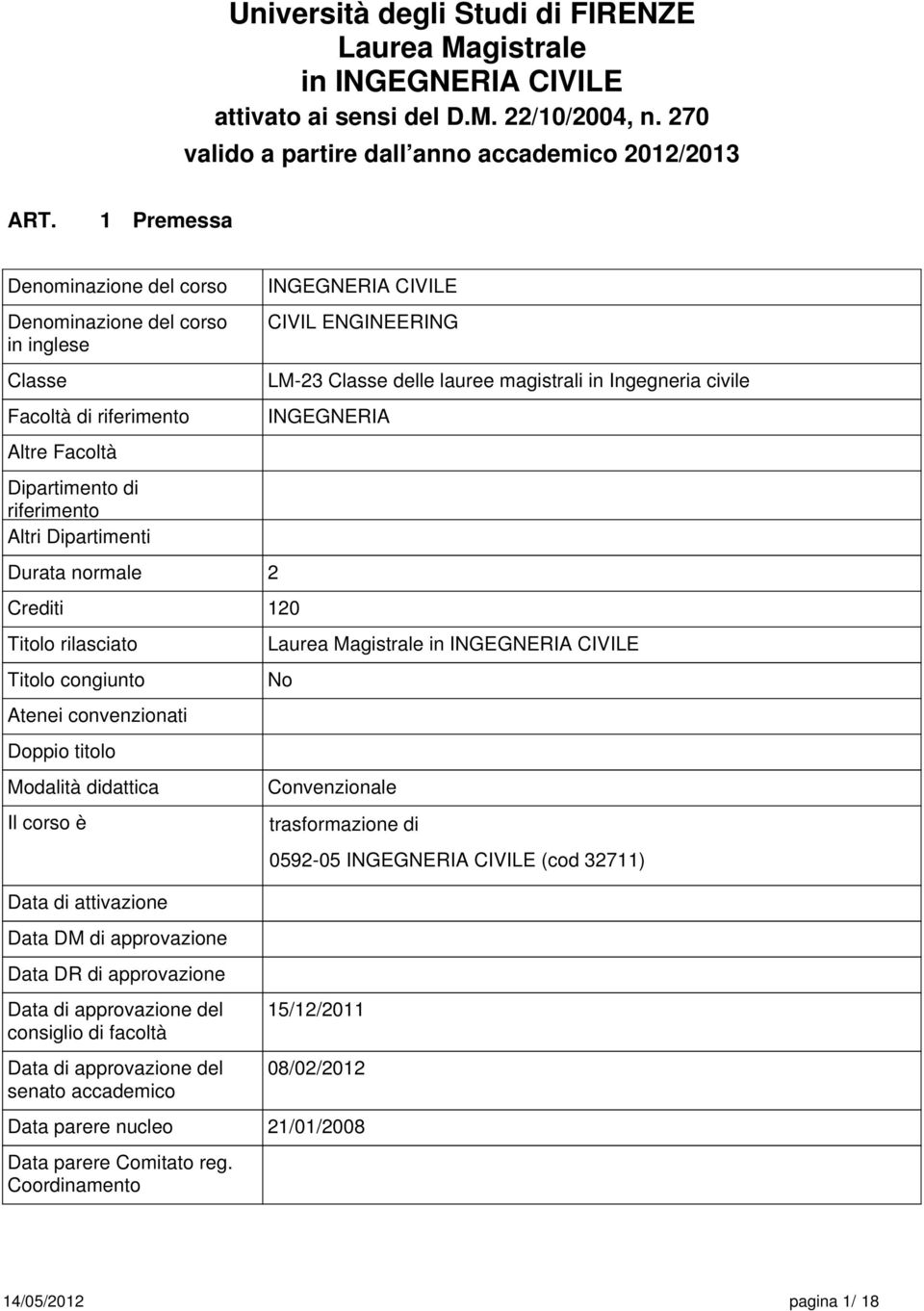 Dipartimenti Durata normale 2 Crediti 120 Titolo rilasciato Titolo congiunto Atenei convenzionati Doppio titolo Modalità didattica Il corso è Data di attivazione Data DM di approvazione Data DR di