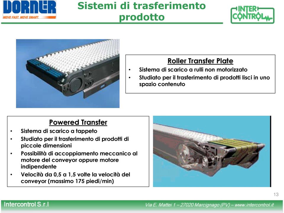 Studiato per il trasferimento di prodotti di piccole dimensioni Possibilità di accoppiamento meccanico al motore