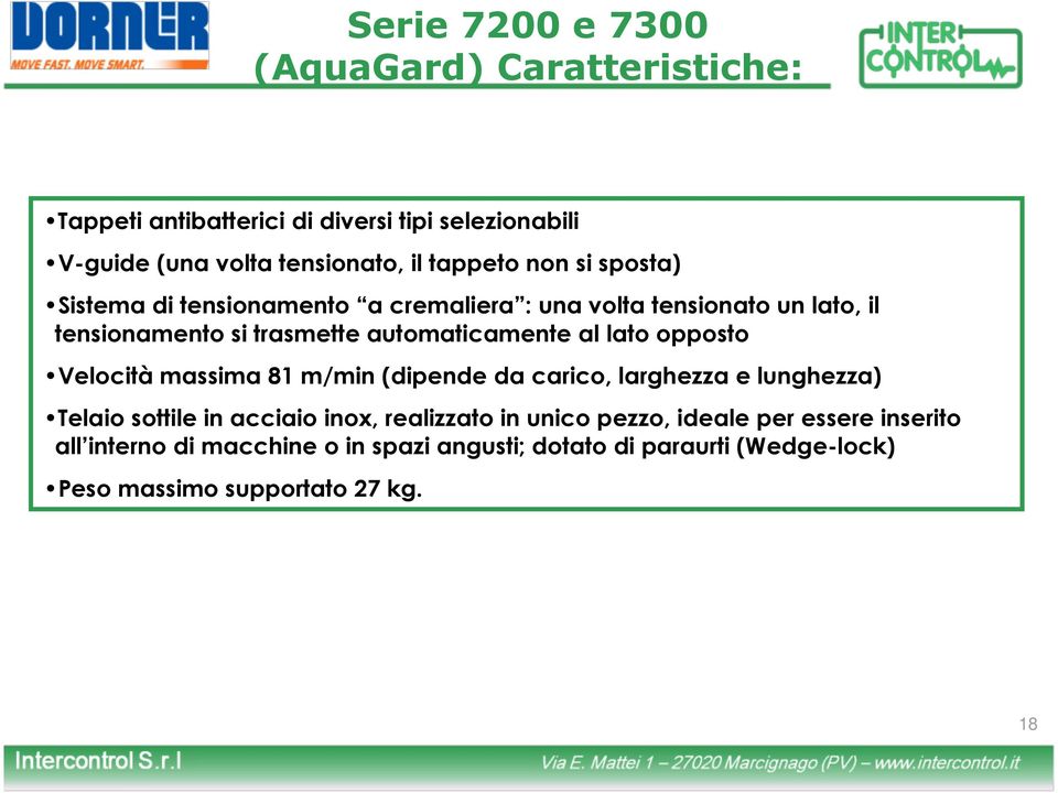 automaticamente al lato opposto Velocità massima 81 m/min (dipende da carico, larghezza e lunghezza) Telaio sottile in acciaio inox,