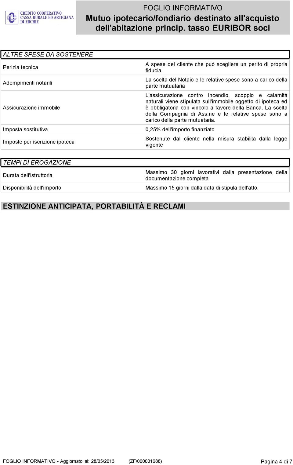 vincolo a favore della Banca. La scelta della Compagnia di Ass.ne e le relative spese sono a carico della parte mutuataria.