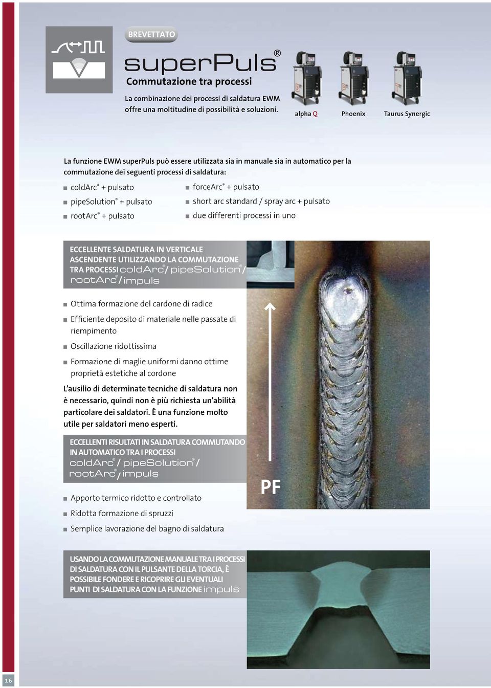 + pulsato rootarc + pulsato forcearc + pulsato short arc standard / spray arc + pulsato due differenti processi in uno ECCEllEnTE SAldATurA In VErTICAlE ASCEndEnTE utilizzando la CoMMuTAzIonE TrA