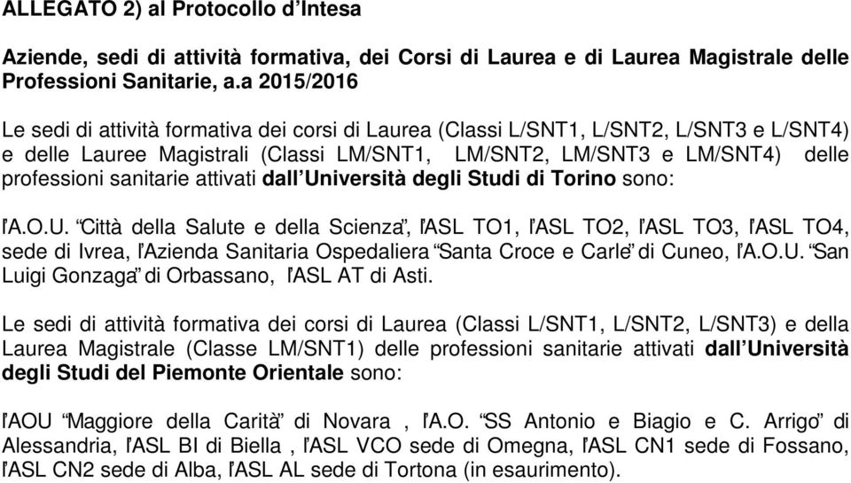 sanitarie attivati dall Università degli Studi di Torino sono: l A.O.U. Città della Salute e della Scienza, l ASL TO1, l ASL TO2, l ASL TO3, l ASL TO4, sede di Ivrea, l Azienda Sanitaria Ospedaliera Santa Croce e Carle di Cuneo, l A.