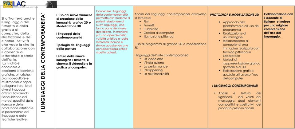 La finalità è conoscere e applicare le tecniche grafiche, pittoriche, plastico-scultore e multimediali e saper collegare tra di loro i diversi linguaggi artistici; favorendo l acquisizione dei metodi