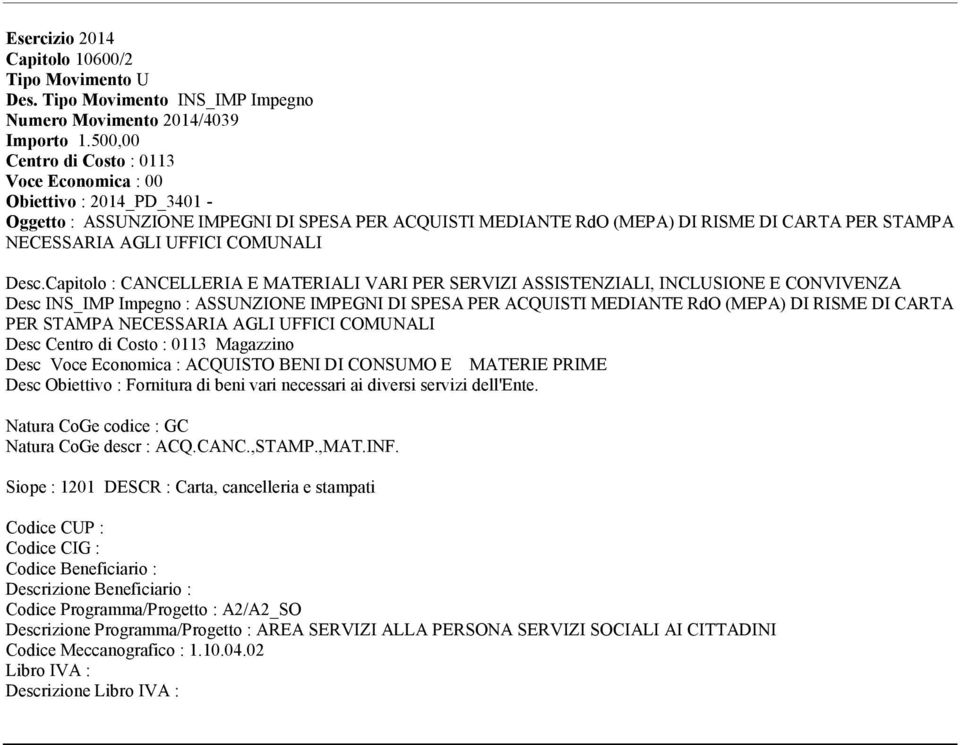 CONVIVENZA Codice Programma/Progetto : A2/A2_SO Descrizione Programma/Progetto :