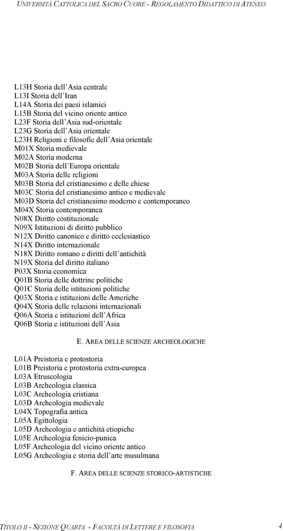 Storia del cristianesimo antico e medievale M03D Storia del cristianesimo moderno e contemporaneo M04X Storia contemporanea N08X Diritto costituzionale N09X Istituzioni di diritto pubblico N12X