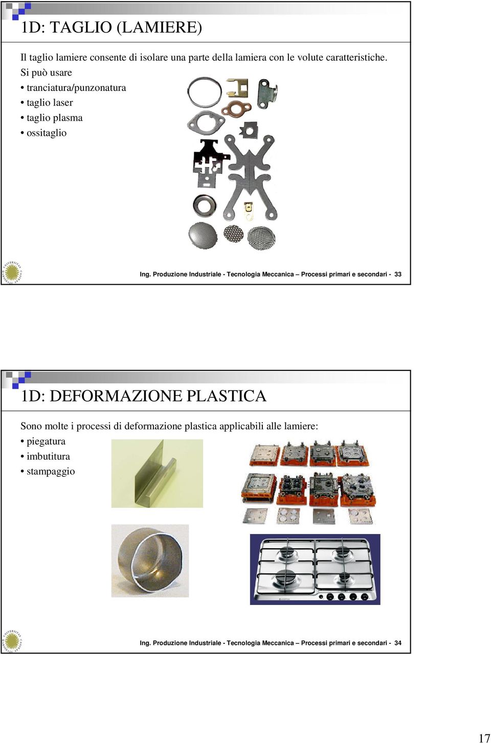 Produzione Industriale - Tecnologia Meccanica Processi primari e secondari - 33 1D: DEFORMAZIONE PLASTICA Sono molte i