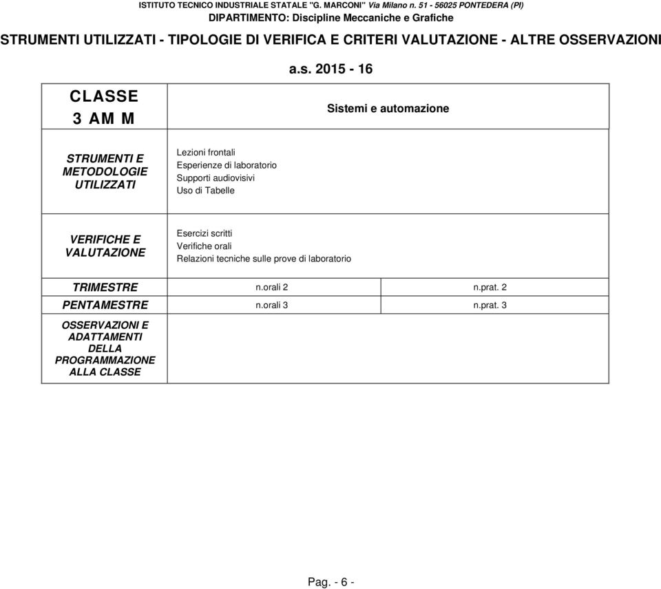 Uso di Tabelle VERIFICHE E VALUTAZIONE Esercizi scritti Verifiche orali Relazioni tecniche sulle prove di